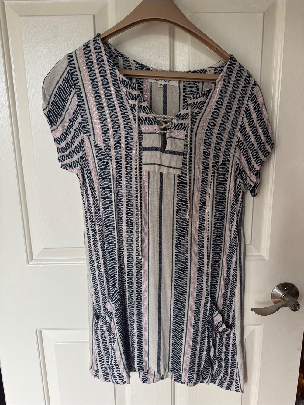 Rip Curl Beige Boho Beach mini dress with Navy Stripes - Size M